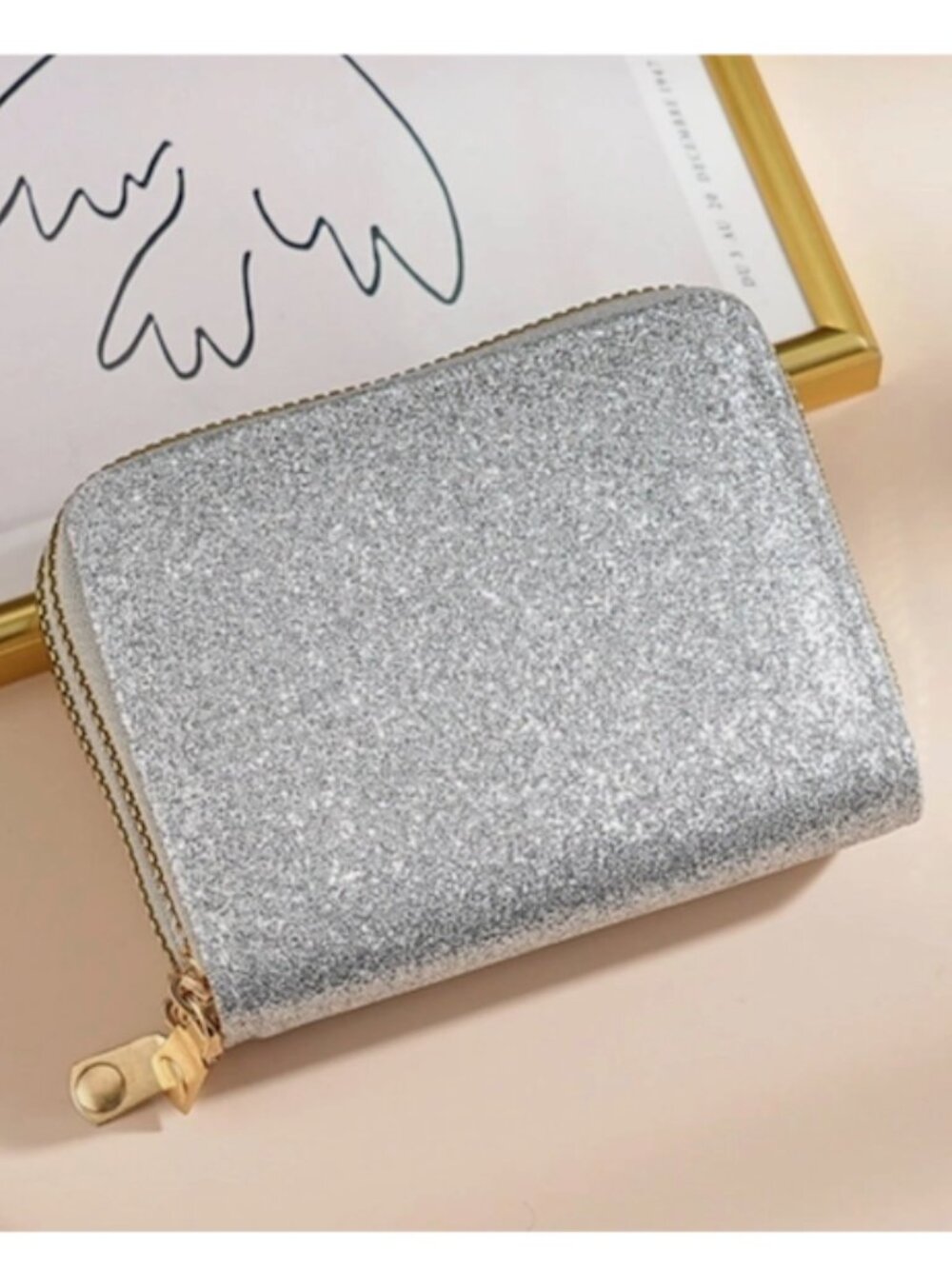 Womens Silver Glitter Wallet Double Zipper Accordion Card Holder Coin Purse New